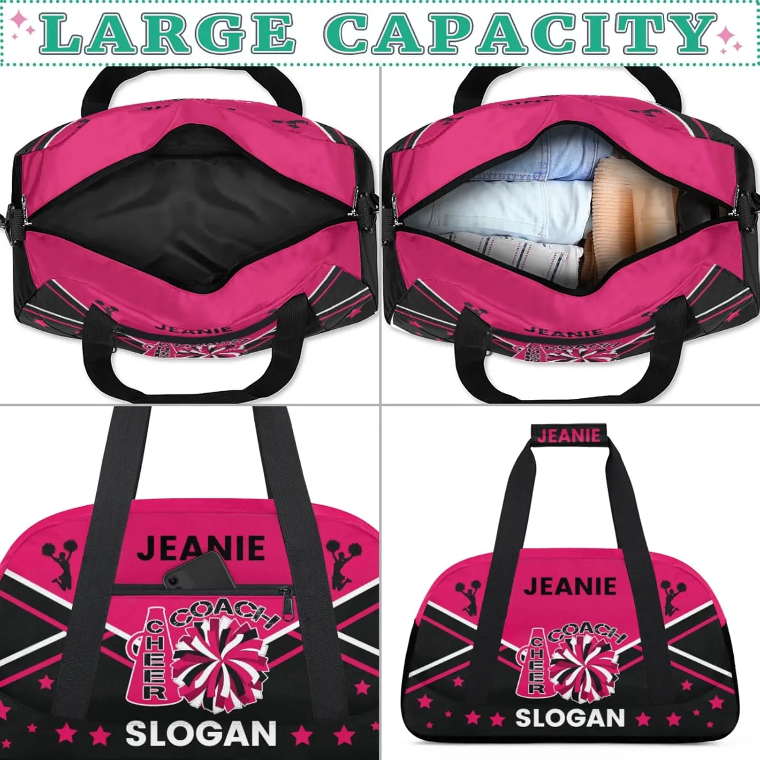 Cheer-Bags for Girls, Personalized Name Dance Ballet Gymnastics Sport Travel Duffel Bags for Cheerleader Kids with Custom Team Name for Overnight Weekender,Rose Red Black