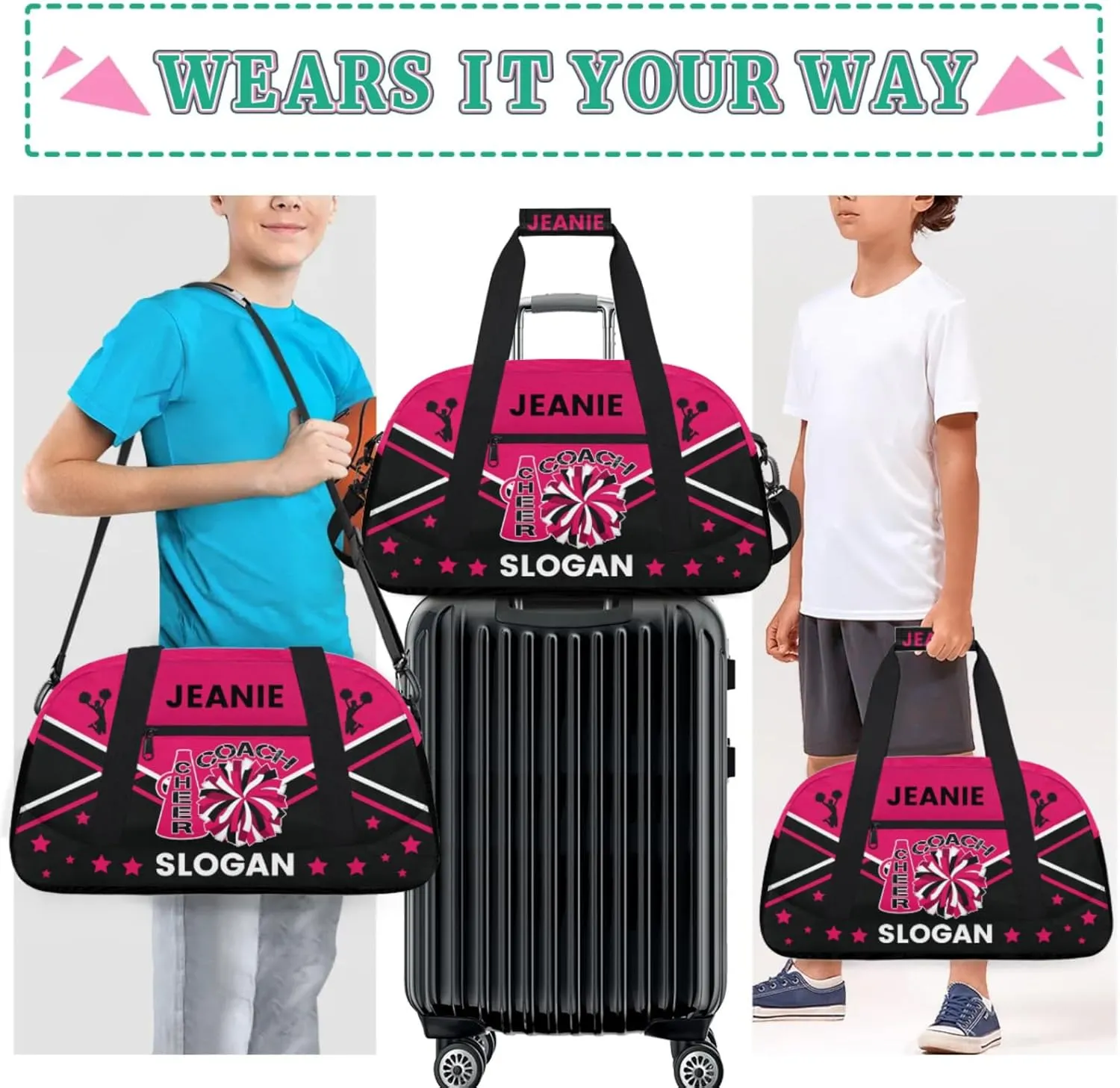 Cheer-Bags for Girls, Personalized Name Dance Ballet Gymnastics Sport Travel Duffel Bags for Cheerleader Kids with Custom Team Name for Overnight Weekender,Rose Red Black