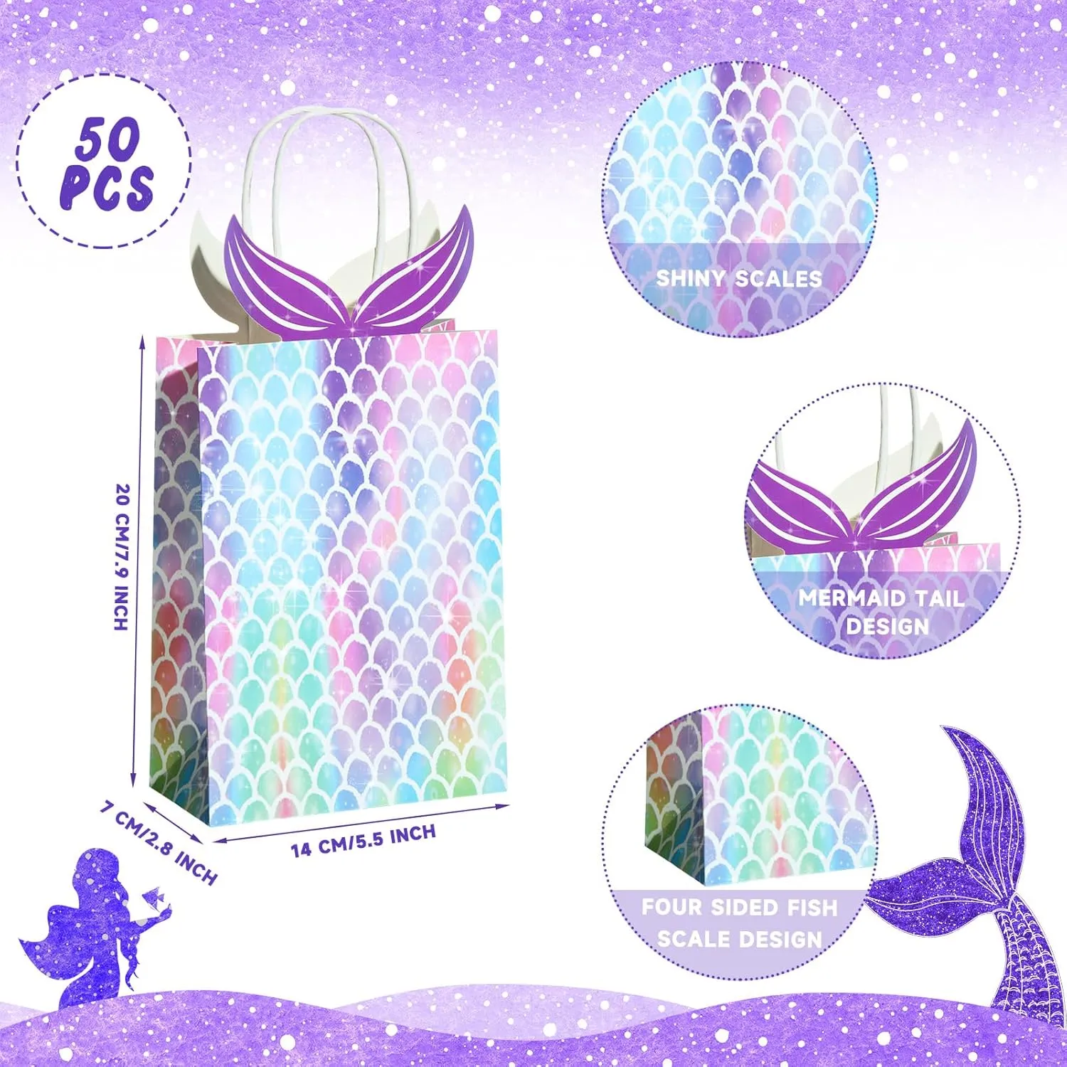 Chinco Mermaid Gift Bags Party Favors Bags Goodie Candy Treat Bags with Handle Mermaid Party Supplies for Girls Birthday Baby Shower Little Decorations(10 Pieces)