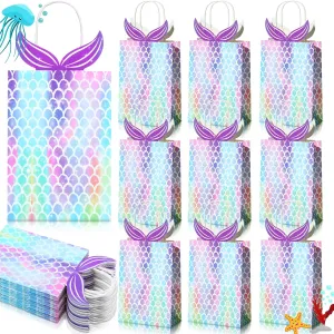 Chinco Mermaid Gift Bags Party Favors Bags Goodie Candy Treat Bags with Handle Mermaid Party Supplies for Girls Birthday Baby Shower Little Decorations(10 Pieces)
