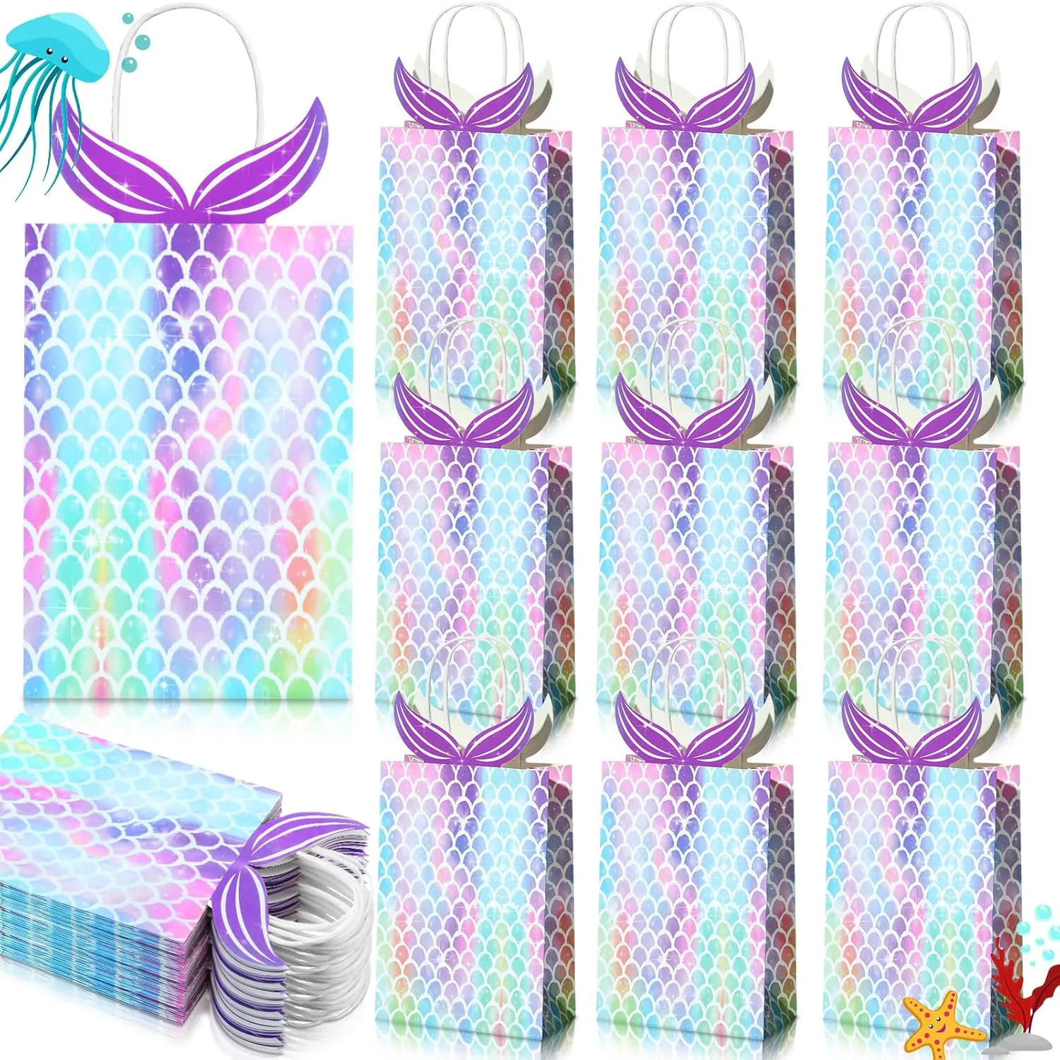 Chinco Mermaid Gift Bags Party Favors Bags Goodie Candy Treat Bags with Handle Mermaid Party Supplies for Girls Birthday Baby Shower Little Decorations(10 Pieces)