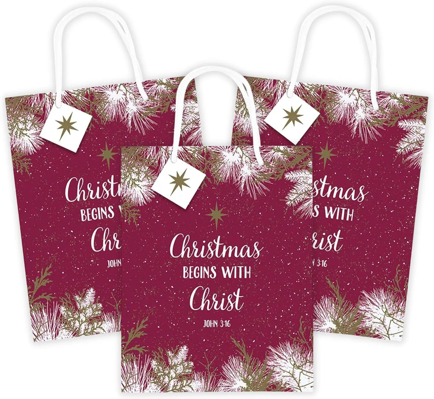 Christmas Begins with Christ John 3:16 Gift Bag, Bible Verse Christian Holiday Wrapping, Pack of 3