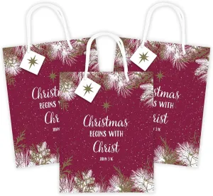 Christmas Begins with Christ John 3:16 Gift Bag, Bible Verse Christian Holiday Wrapping, Pack of 3