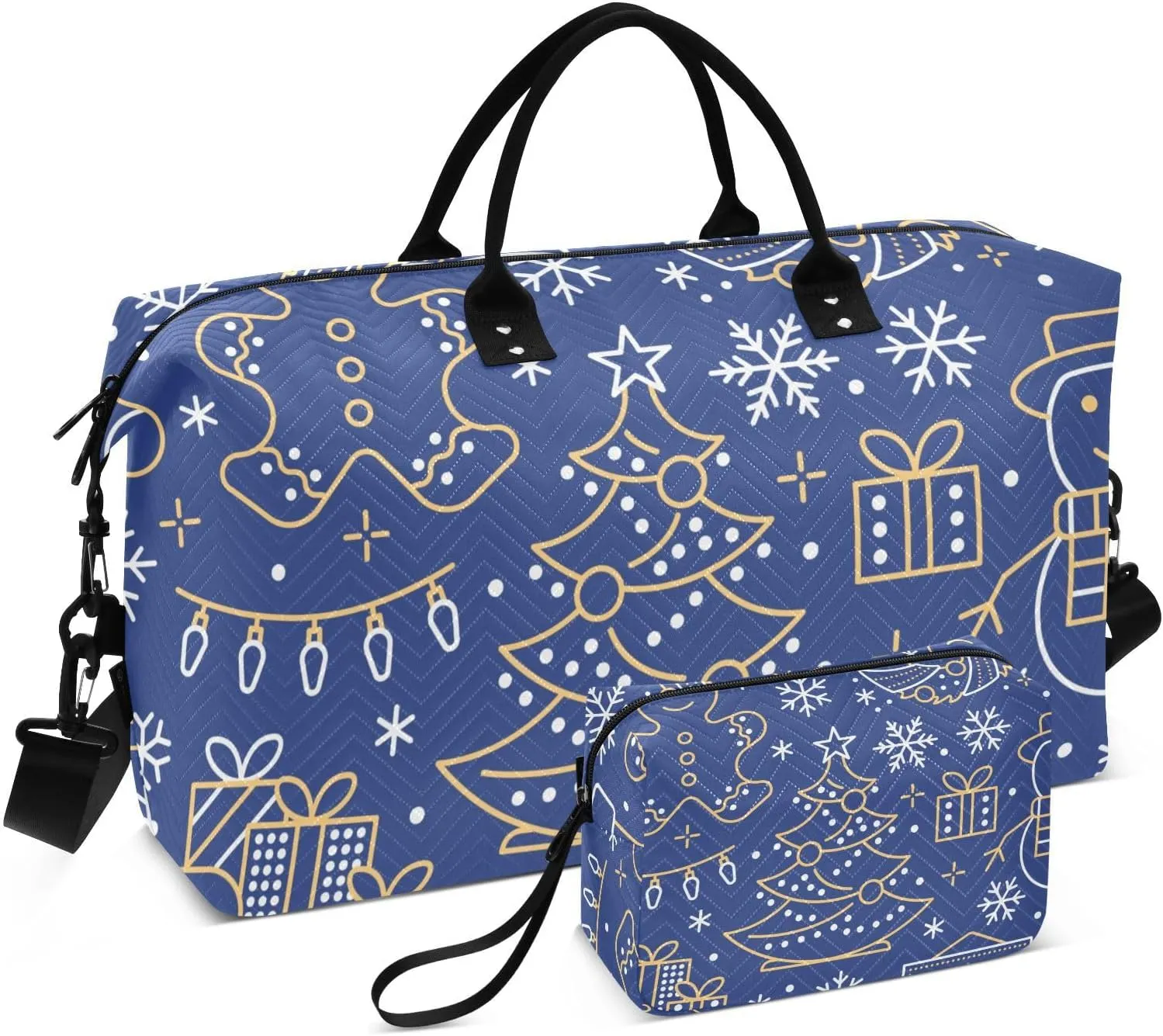 Christmas Pine Tree Snowman on Blue Travel Gym Duffel Bag Quilted Weekender Bags Carry on Overnight Tote Bag for Women Men
