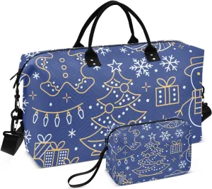 Christmas Pine Tree Snowman on Blue Travel Gym Duffel Bag Quilted Weekender Bags Carry on Overnight Tote Bag for Women Men