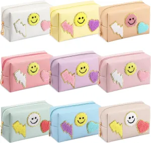 Chunful 9 Pieces Preppy Patch Makeup Bag Chenille Letters Cosmetic PU Leather Portable Waterproof Toiletry Travel Bag for Women End of the Year Teacher Gifts Bulk(Fresh Colors,Smile, Lightning, Heart)