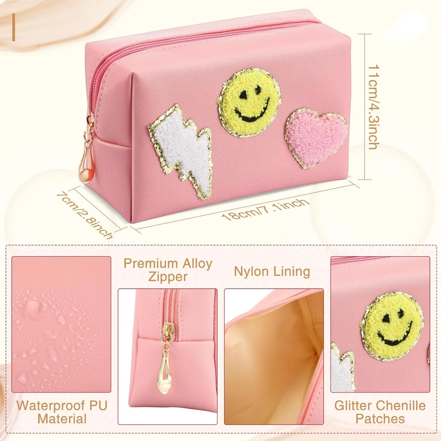 Chunful 9 Pieces Preppy Patch Makeup Bag Chenille Letters Cosmetic PU Leather Portable Waterproof Toiletry Travel Bag for Women End of the Year Teacher Gifts Bulk(Fresh Colors,Smile, Lightning, Heart)