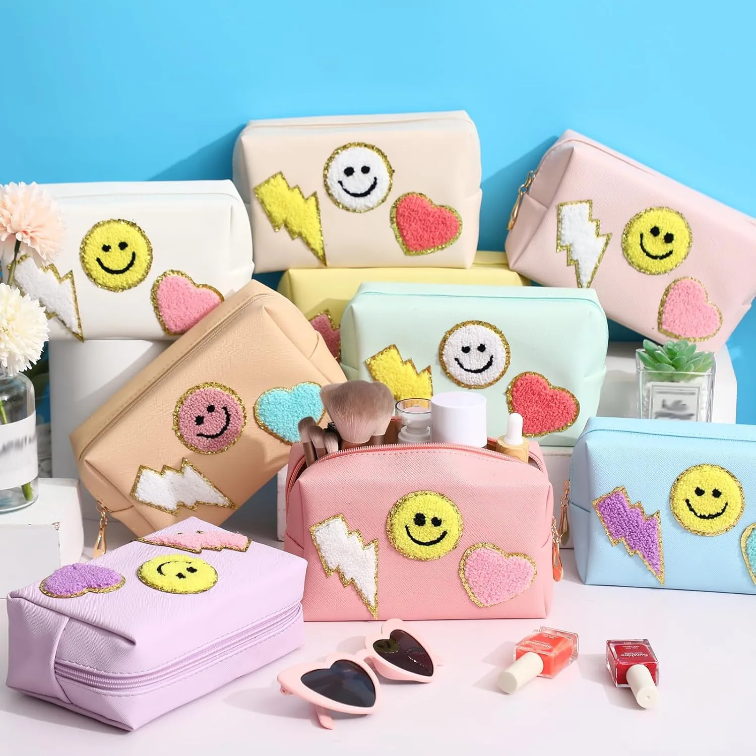 Chunful 9 Pieces Preppy Patch Makeup Bag Chenille Letters Cosmetic PU Leather Portable Waterproof Toiletry Travel Bag for Women End of the Year Teacher Gifts Bulk(Fresh Colors,Smile, Lightning, Heart)