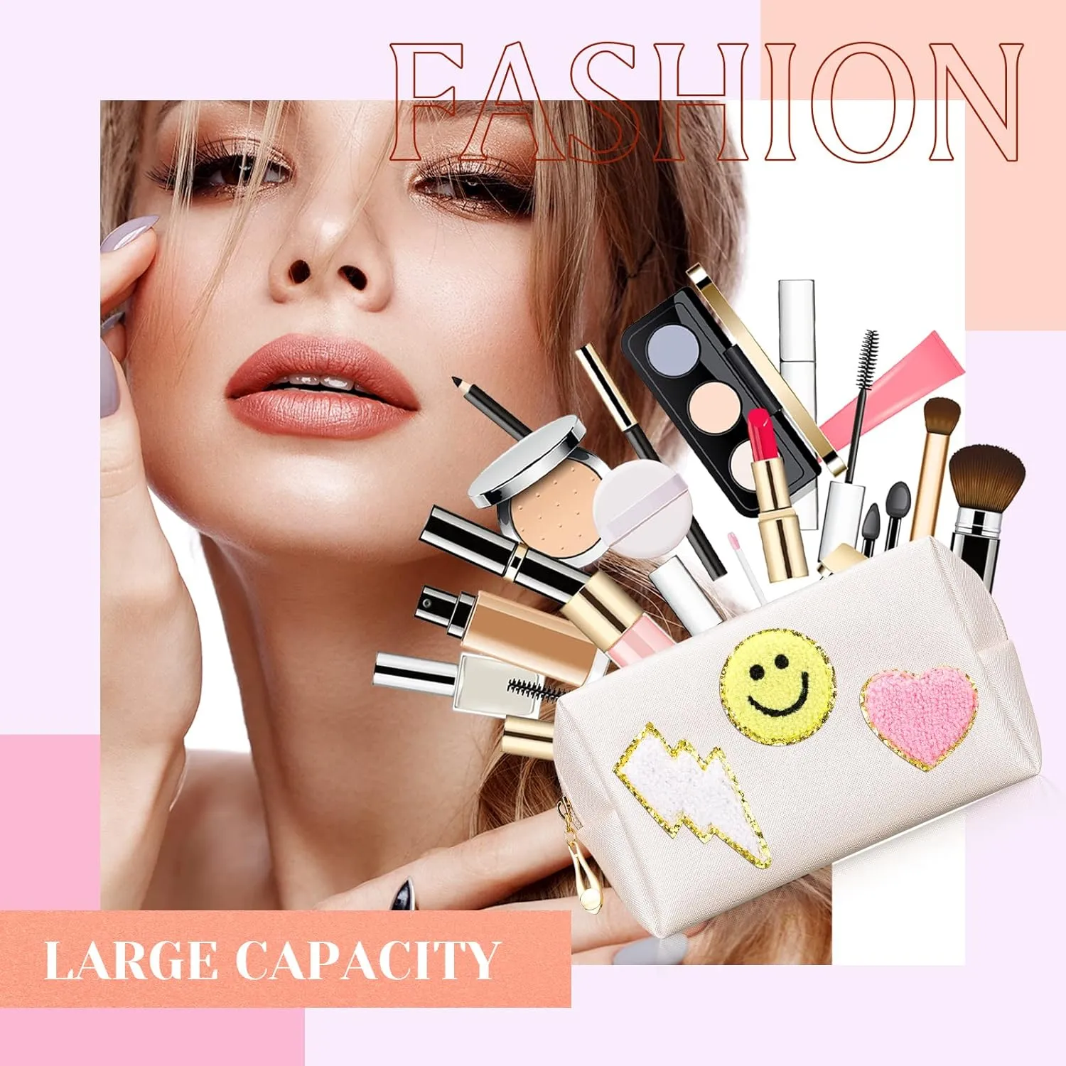 Chunful 9 Pieces Preppy Patch Makeup Bag Chenille Letters Cosmetic PU Leather Portable Waterproof Toiletry Travel Bag for Women End of the Year Teacher Gifts Bulk(Gold,Smile, Lightning, Heart)