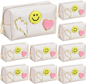 Chunful 9 Pieces Preppy Patch Makeup Bag Chenille Letters Cosmetic PU Leather Portable Waterproof Toiletry Travel Bag for Women End of the Year Teacher Gifts Bulk(Gold,Smile, Lightning, Heart)