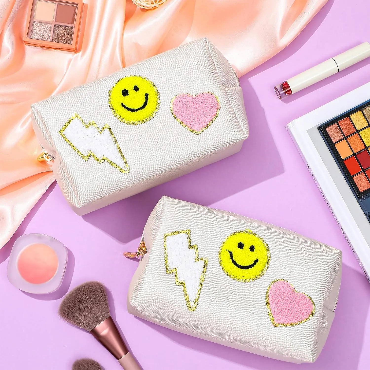 Chunful 9 Pieces Preppy Patch Makeup Bag Chenille Letters Cosmetic PU Leather Portable Waterproof Toiletry Travel Bag for Women End of the Year Teacher Gifts Bulk(Gold,Smile, Lightning, Heart)