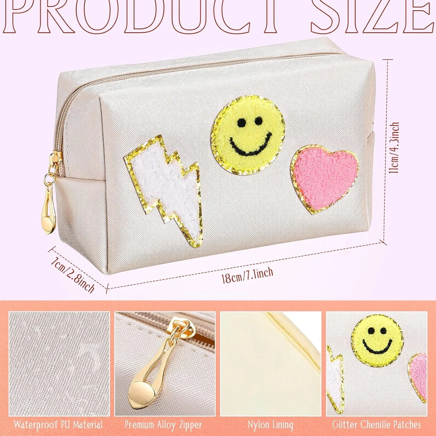 Chunful 9 Pieces Preppy Patch Makeup Bag Chenille Letters Cosmetic PU Leather Portable Waterproof Toiletry Travel Bag for Women End of the Year Teacher Gifts Bulk(Gold,Smile, Lightning, Heart)