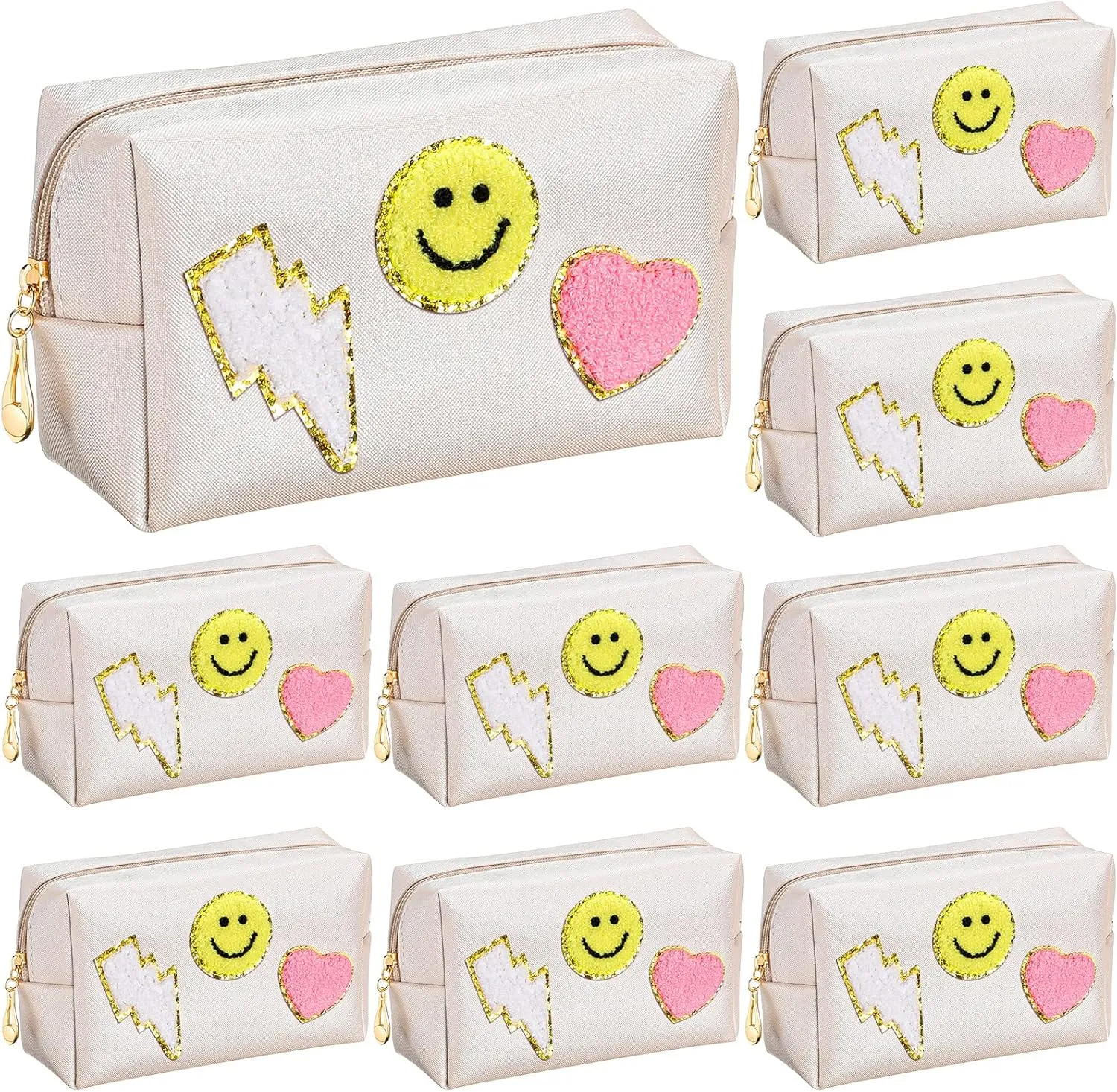 Chunful 9 Pieces Preppy Patch Makeup Bag Chenille Letters Cosmetic PU Leather Portable Waterproof Toiletry Travel Bag for Women End of the Year Teacher Gifts Bulk(Gold,Smile, Lightning, Heart)