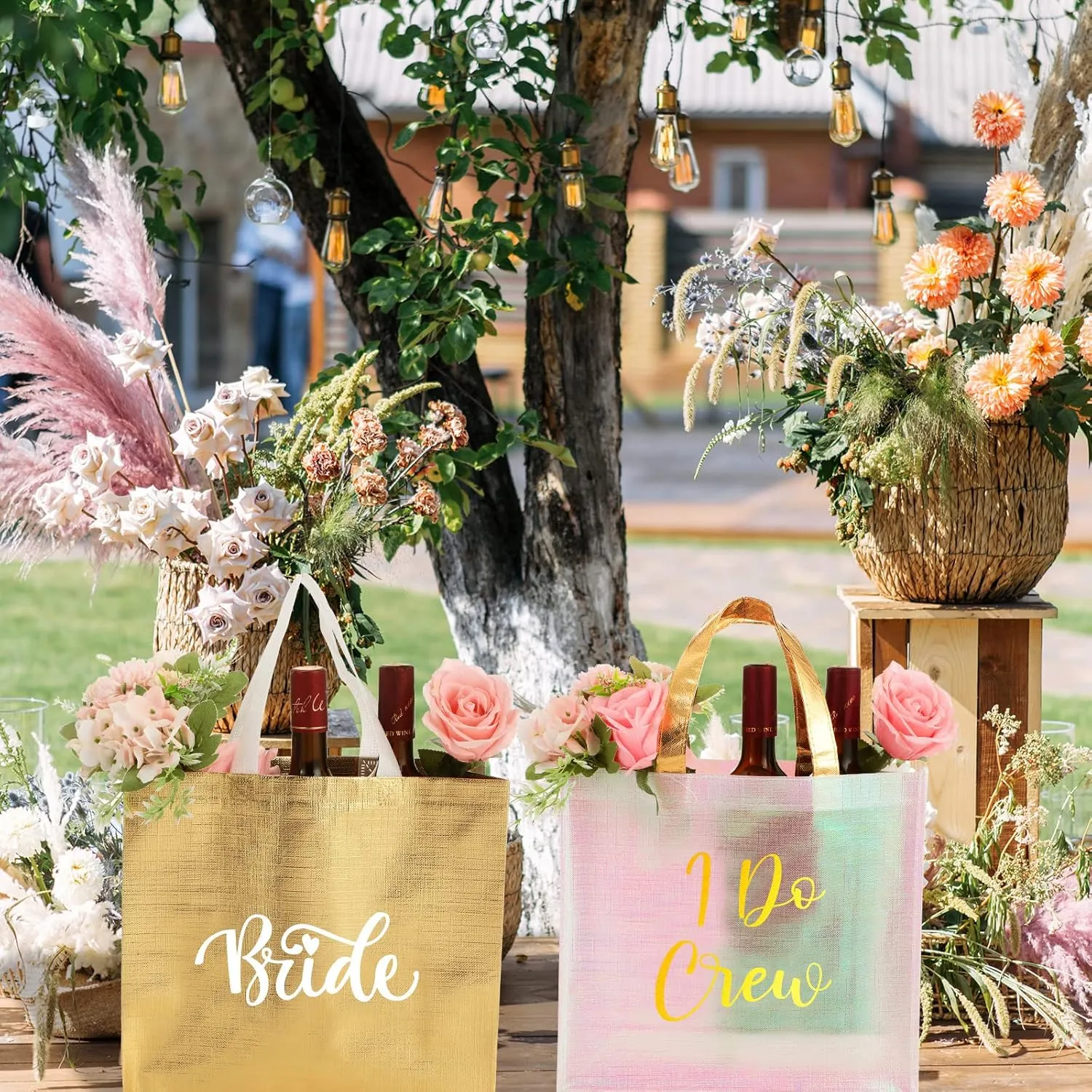 Cindeer 12 Pcs Let's Go Girls Bridesmaid Bags Holographic Bachelorette Gift Bags Glossy(Gold,I Do Crew)