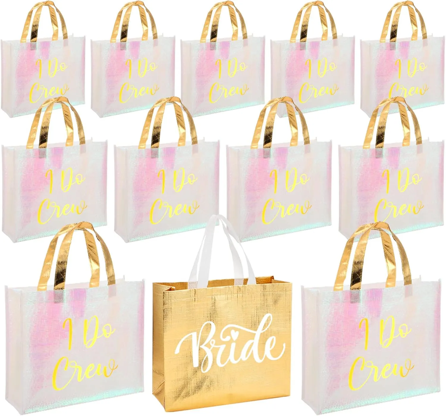 Cindeer 12 Pcs Let's Go Girls Bridesmaid Bags Holographic Bachelorette Gift Bags Glossy(Gold,I Do Crew)