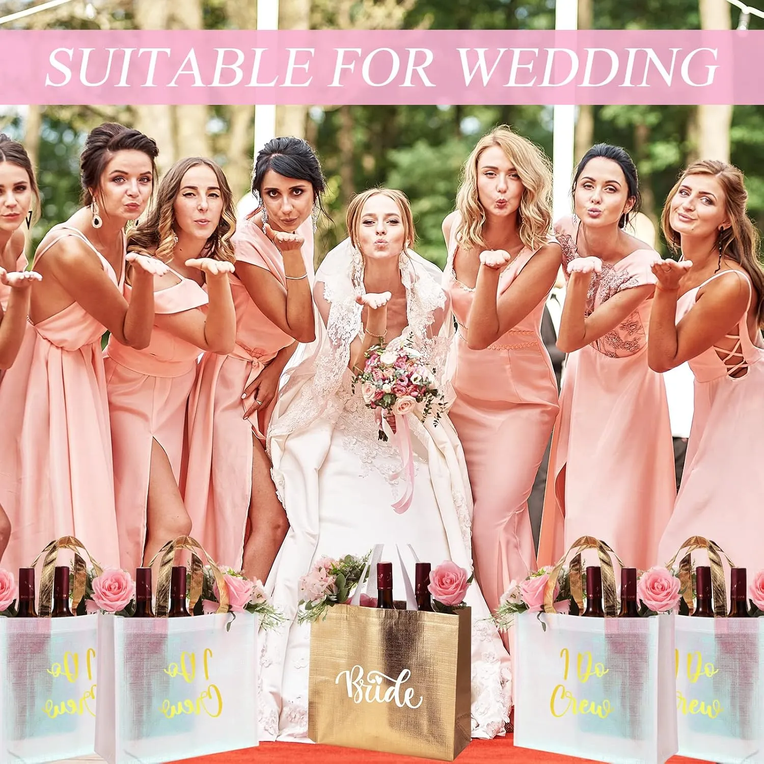 Cindeer 12 Pcs Let's Go Girls Bridesmaid Bags Holographic Bachelorette Gift Bags Glossy(Gold,I Do Crew)