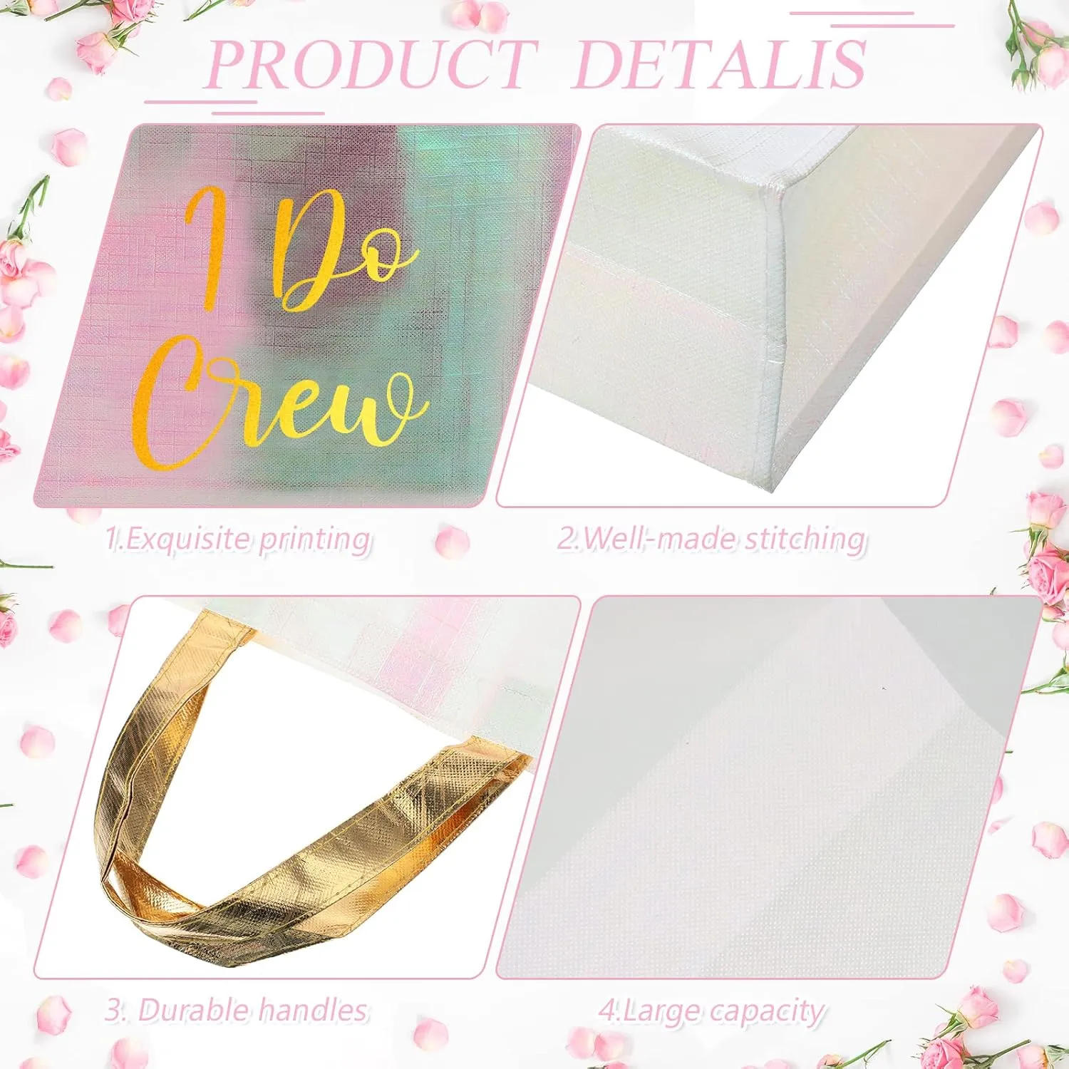 Cindeer 12 Pcs Let's Go Girls Bridesmaid Bags Holographic Bachelorette Gift Bags Glossy(Gold,I Do Crew)