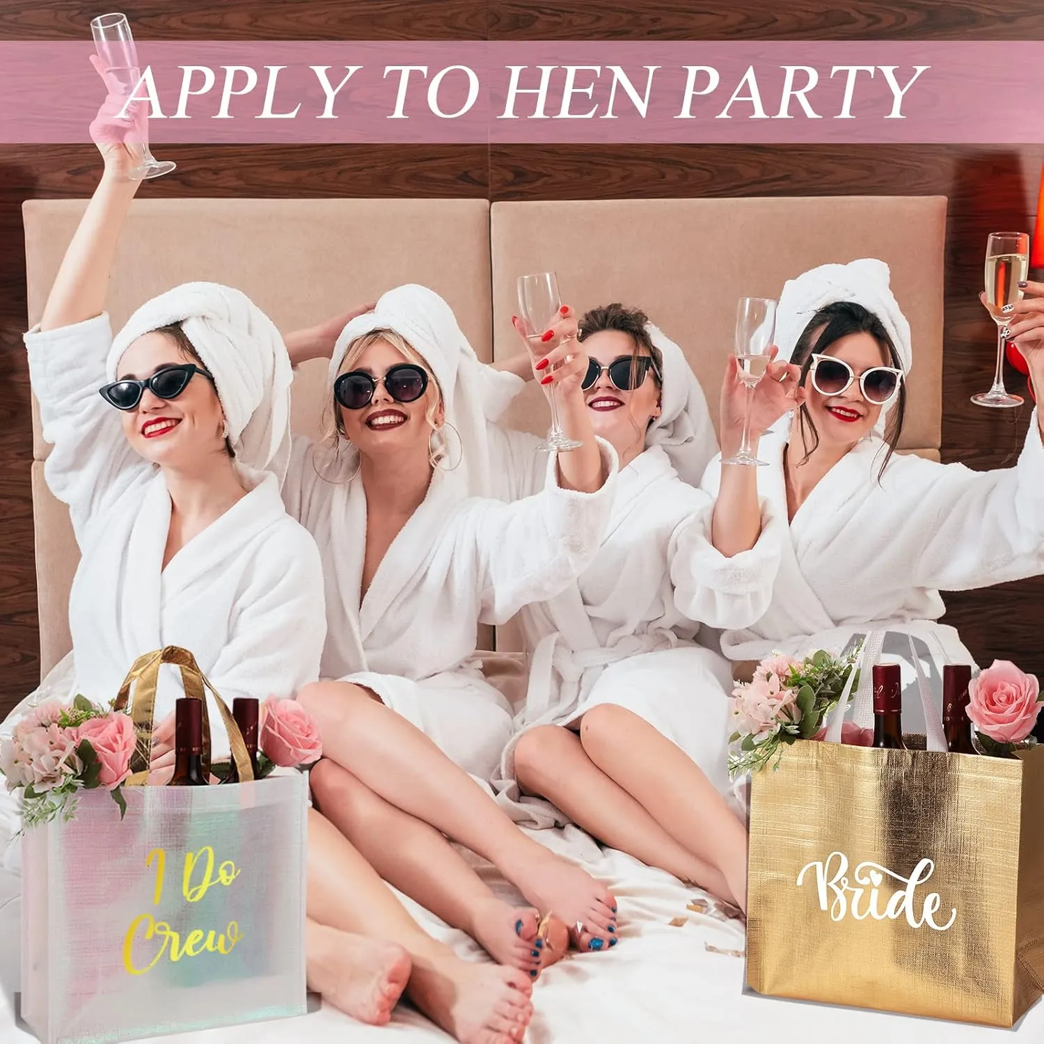 Cindeer 12 Pcs Let's Go Girls Bridesmaid Bags Holographic Bachelorette Gift Bags Glossy(Gold,I Do Crew)