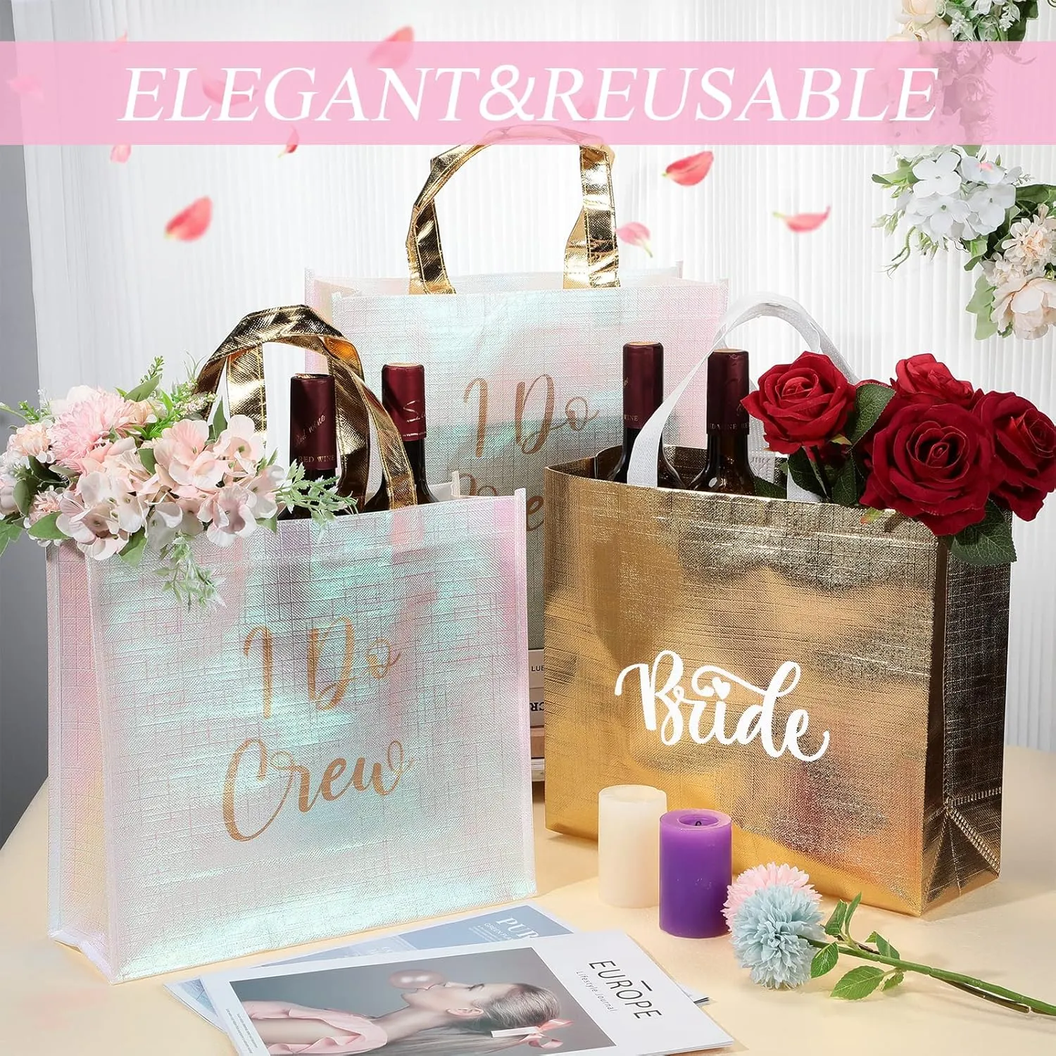 Cindeer 12 Pcs Let's Go Girls Bridesmaid Bags Holographic Bachelorette Gift Bags Glossy(Gold,I Do Crew)