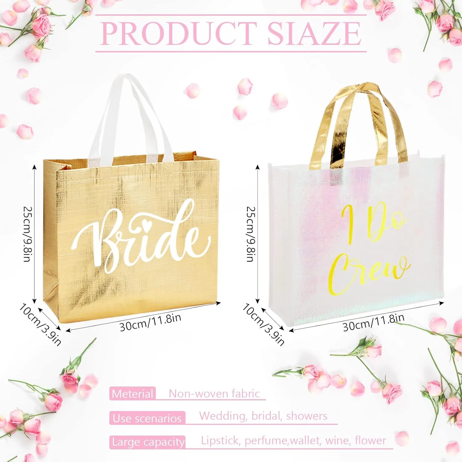 Cindeer 12 Pcs Let's Go Girls Bridesmaid Bags Holographic Bachelorette Gift Bags Glossy(Gold,I Do Crew)