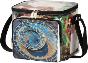 Clear Lunch Bag with Adjustable Strap and Astronomical Clock Pattern Printed Front Zipper Pocket Unique See Through Reusable Plastic Lunch Box for Women Men 9.4x8.6x6.3 inch