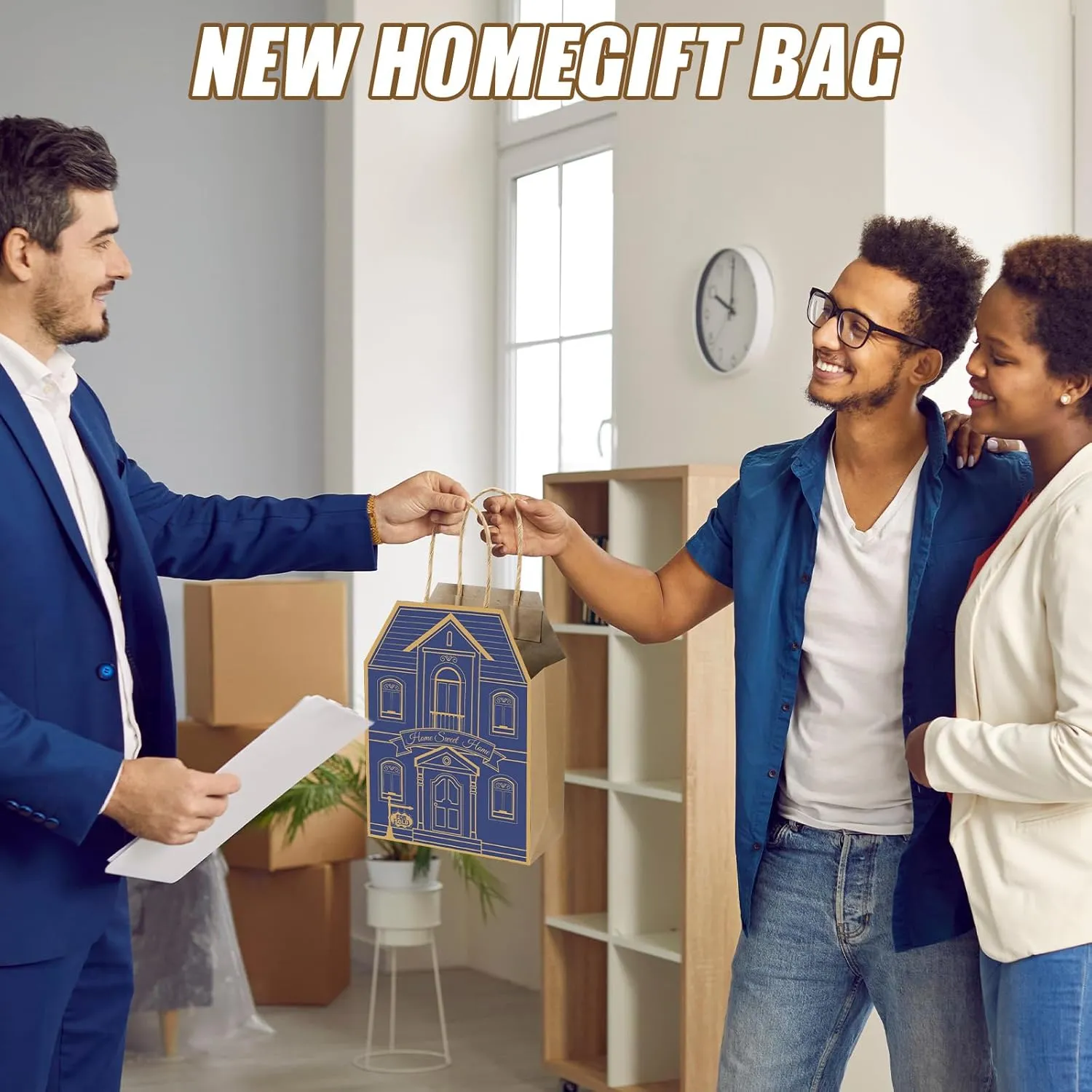 Colarr 50 Pcs Real Estate Agent Supplies House Shaped Gift Bag 5.25 x 3.25 x 8.25 Inch Real Estate Bag with Handles Kraft for Home Gift(Blue)
