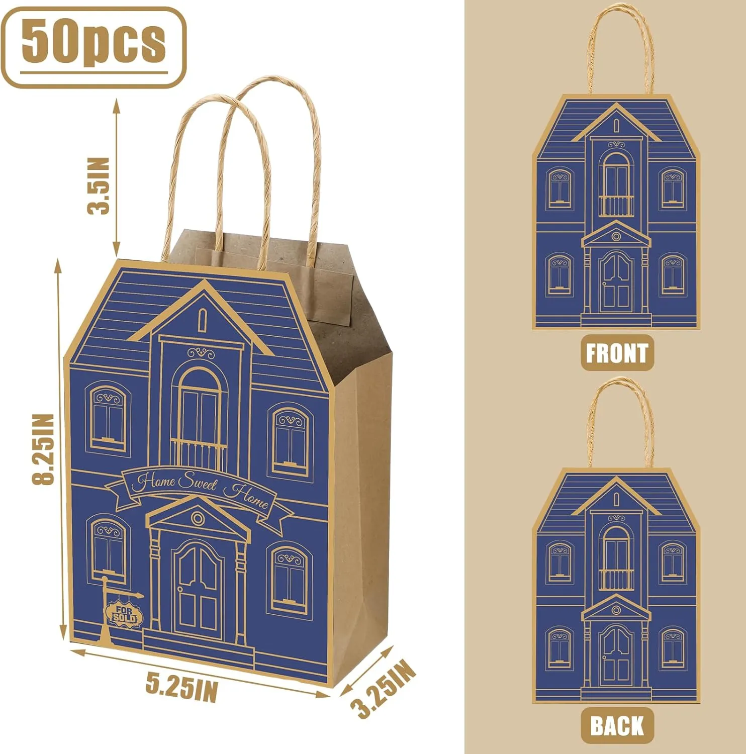 Colarr 50 Pcs Real Estate Agent Supplies House Shaped Gift Bag 5.25 x 3.25 x 8.25 Inch Real Estate Bag with Handles Kraft for Home Gift(Blue)