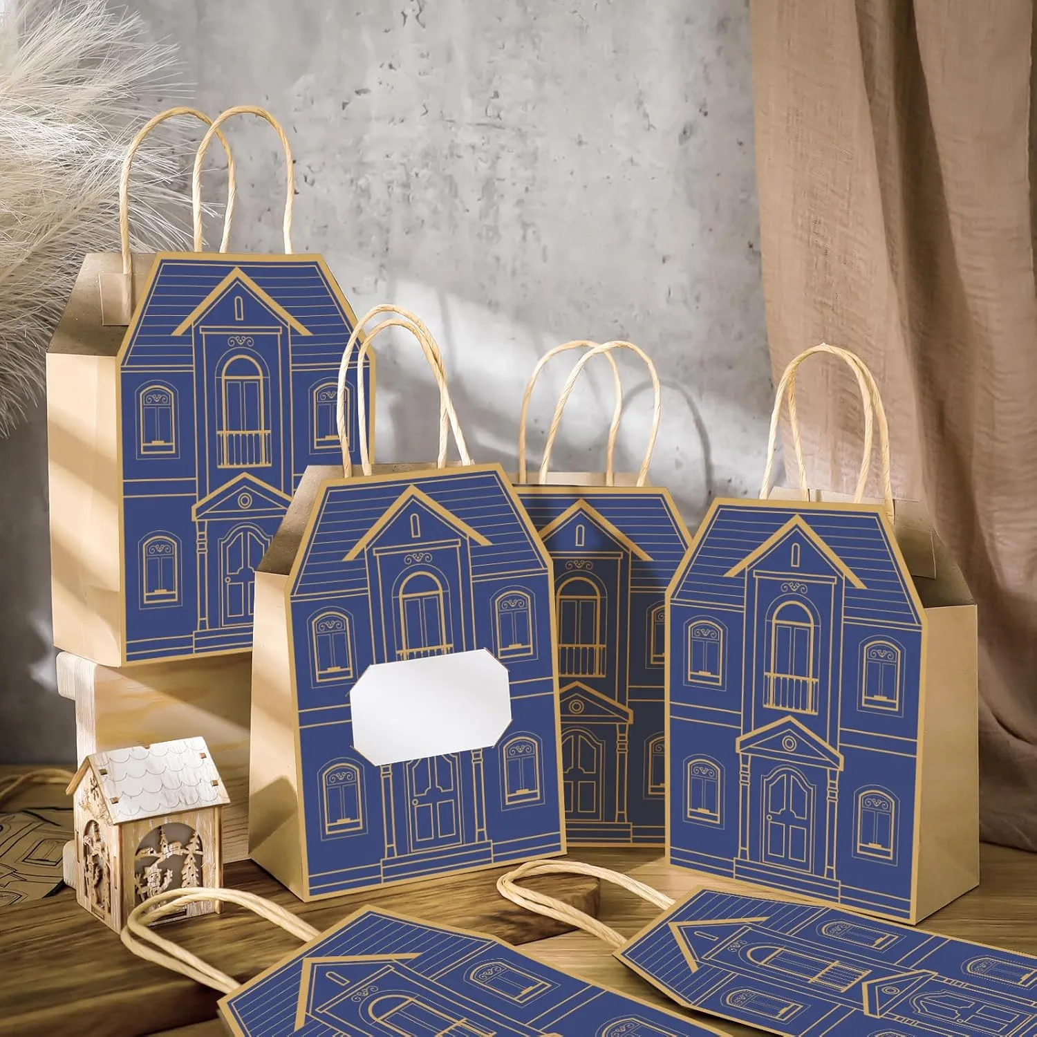 Colarr 50 Pcs Real Estate Agent Supplies House Shaped Gift Bag 5.25 x 3.25 x 8.25 Inch Real Estate Bag with Handles Kraft for Home Gift(Blue)