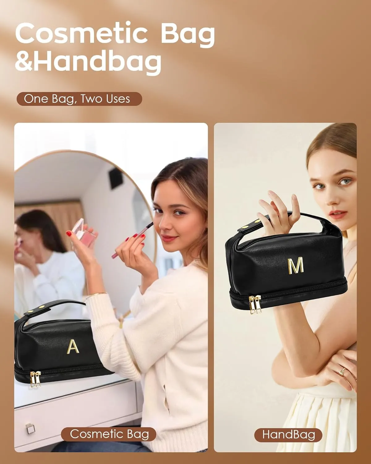 College Girls Gifts, Personalized Makeup Bag with Handle, Initial Double Layer Cosmetic Bag with Makeup Brush Organizer, PU Leather Travel Toiletry Bag, Gifts for Friends Female Mom
