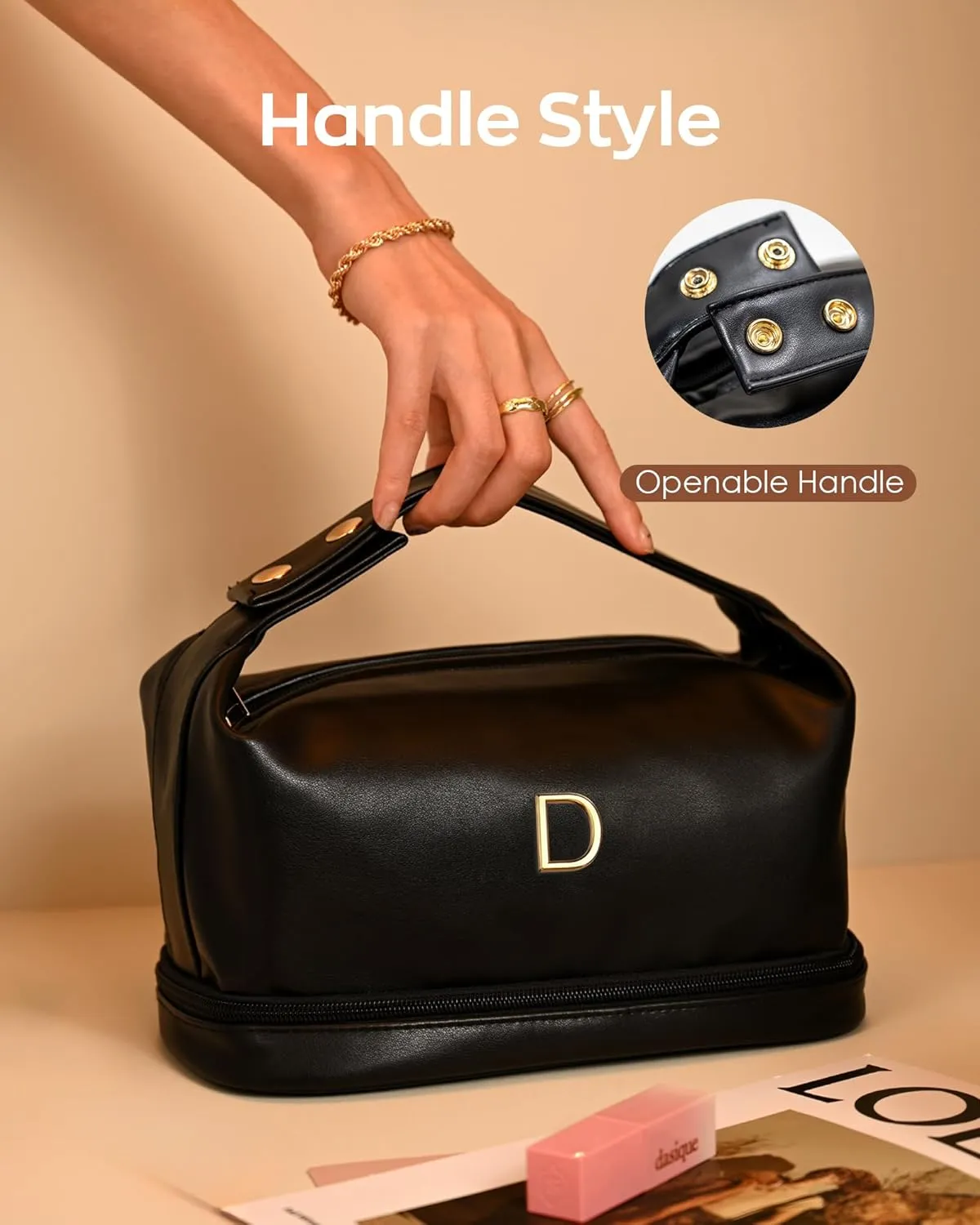 College Girls Gifts, Personalized Makeup Bag with Handle, Initial Double Layer Cosmetic Bag with Makeup Brush Organizer, PU Leather Travel Toiletry Bag, Gifts for Friends Female Mom