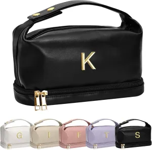 College Girls Gifts, Personalized Makeup Bag with Handle, Initial Double Layer Cosmetic Bag with Makeup Brush Organizer, PU Leather Travel Toiletry Bag, Gifts for Friends Female Mom