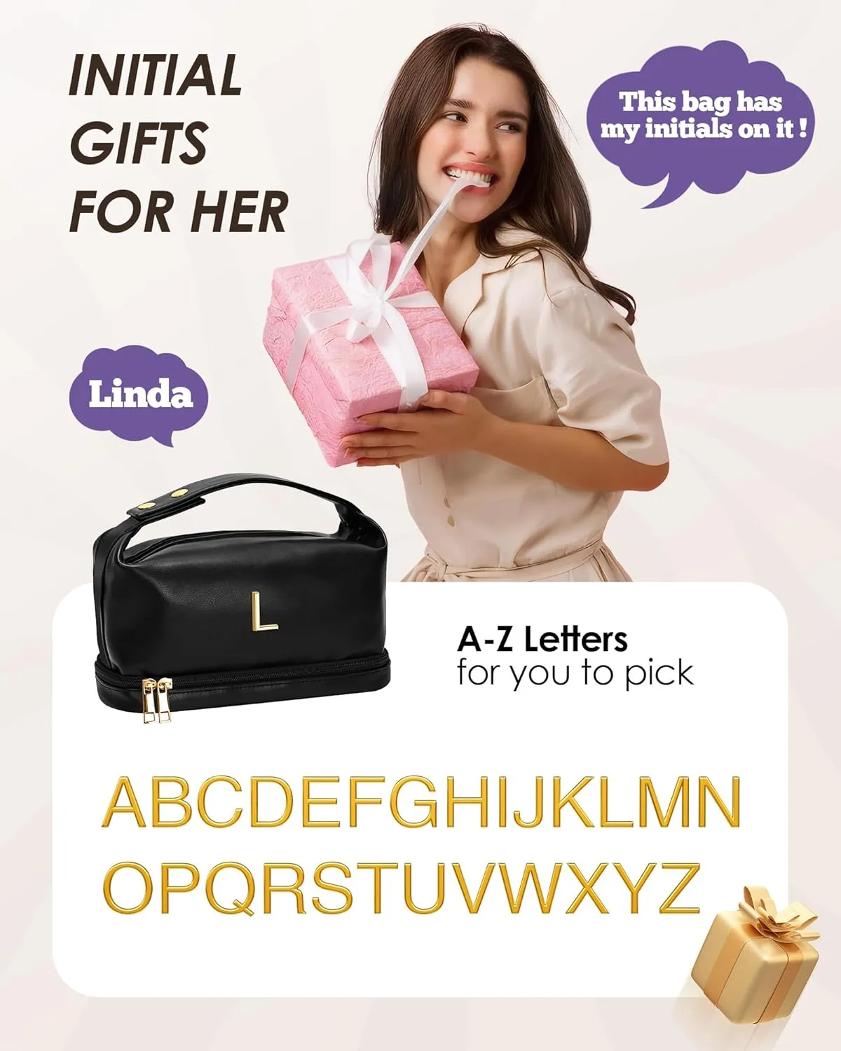 College Girls Gifts, Personalized Makeup Bag with Handle, Initial Double Layer Cosmetic Bag with Makeup Brush Organizer, PU Leather Travel Toiletry Bag, Gifts for Friends Female Mom