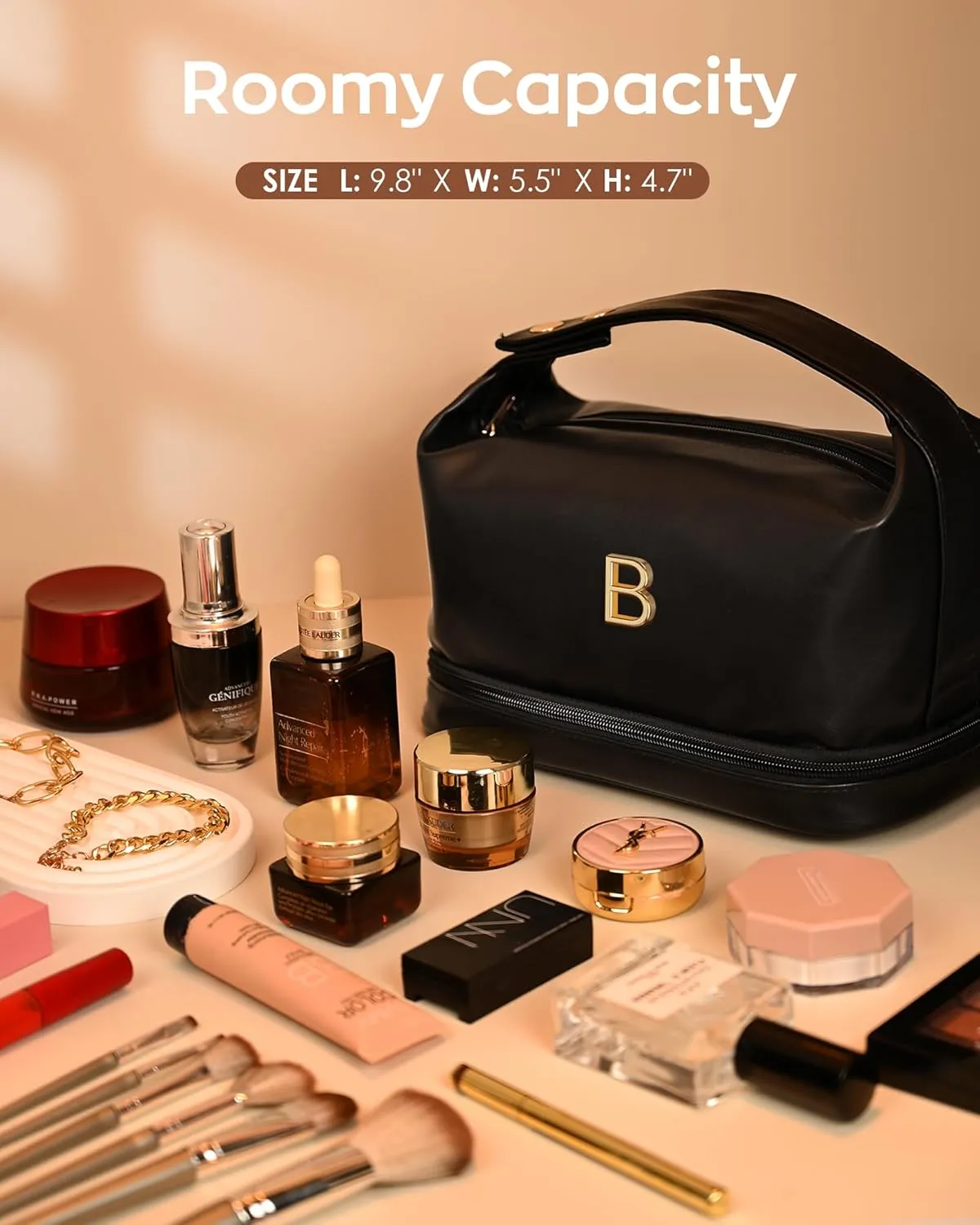 College Girls Gifts, Personalized Makeup Bag with Handle, Initial Double Layer Cosmetic Bag with Makeup Brush Organizer, PU Leather Travel Toiletry Bag, Gifts for Friends Female Mom