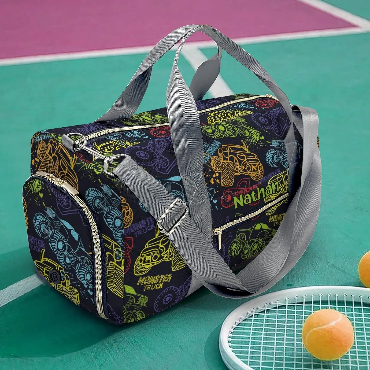 Colorful Monster Truck Car Personalized Duffel Bag with Name Custom Weekend Bag with Shoe Compartmen for Boys Girls Sports Gym Swim Bag Travel Bag
