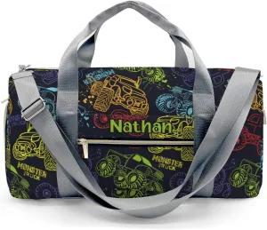 Colorful Monster Truck Car Personalized Duffel Bag with Name Custom Weekend Bag with Shoe Compartmen for Boys Girls Sports Gym Swim Bag Travel Bag