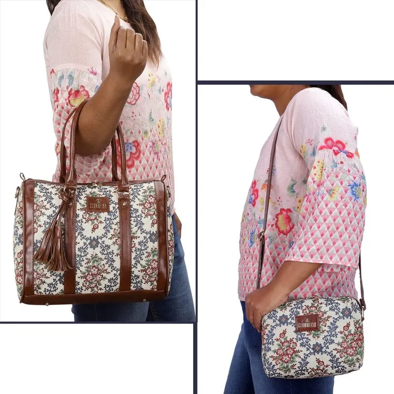 Combo: Adelina Series Sling & Lorna Handbag - Durable Tapestry | Adjustable Strap | Pink-Floral