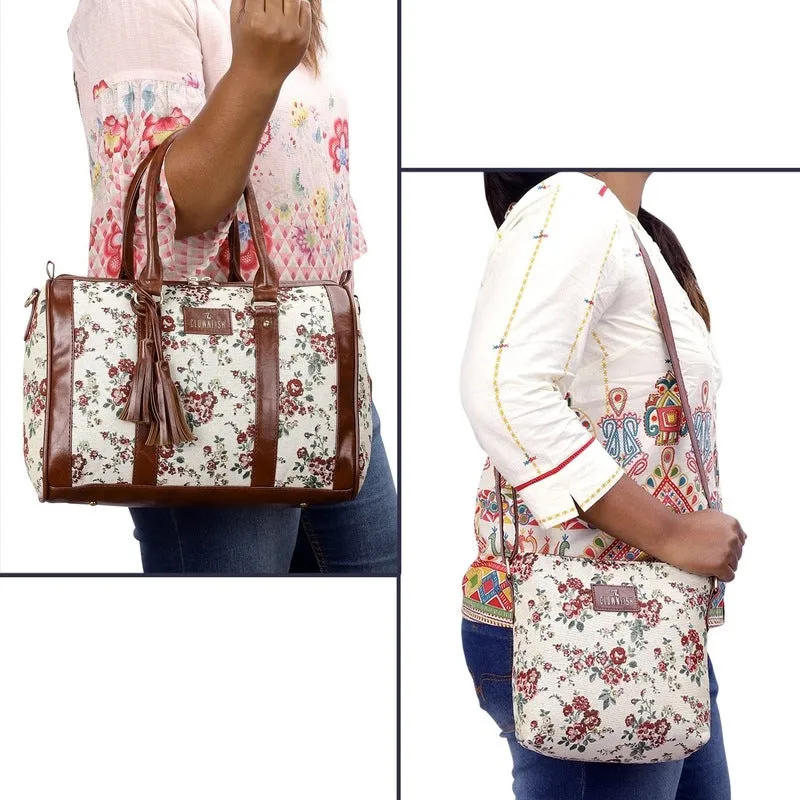 Combo: Clownfish Linda Sling & Lorna Handbag - Stylish, Versatile | Adjustable Strap | M | White-Floral