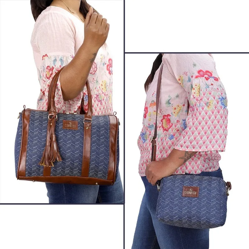 Combo: Stylish Sling Bag & Handbag Set for Women | Adjustable Strap | 20.7L | Blue Stripes