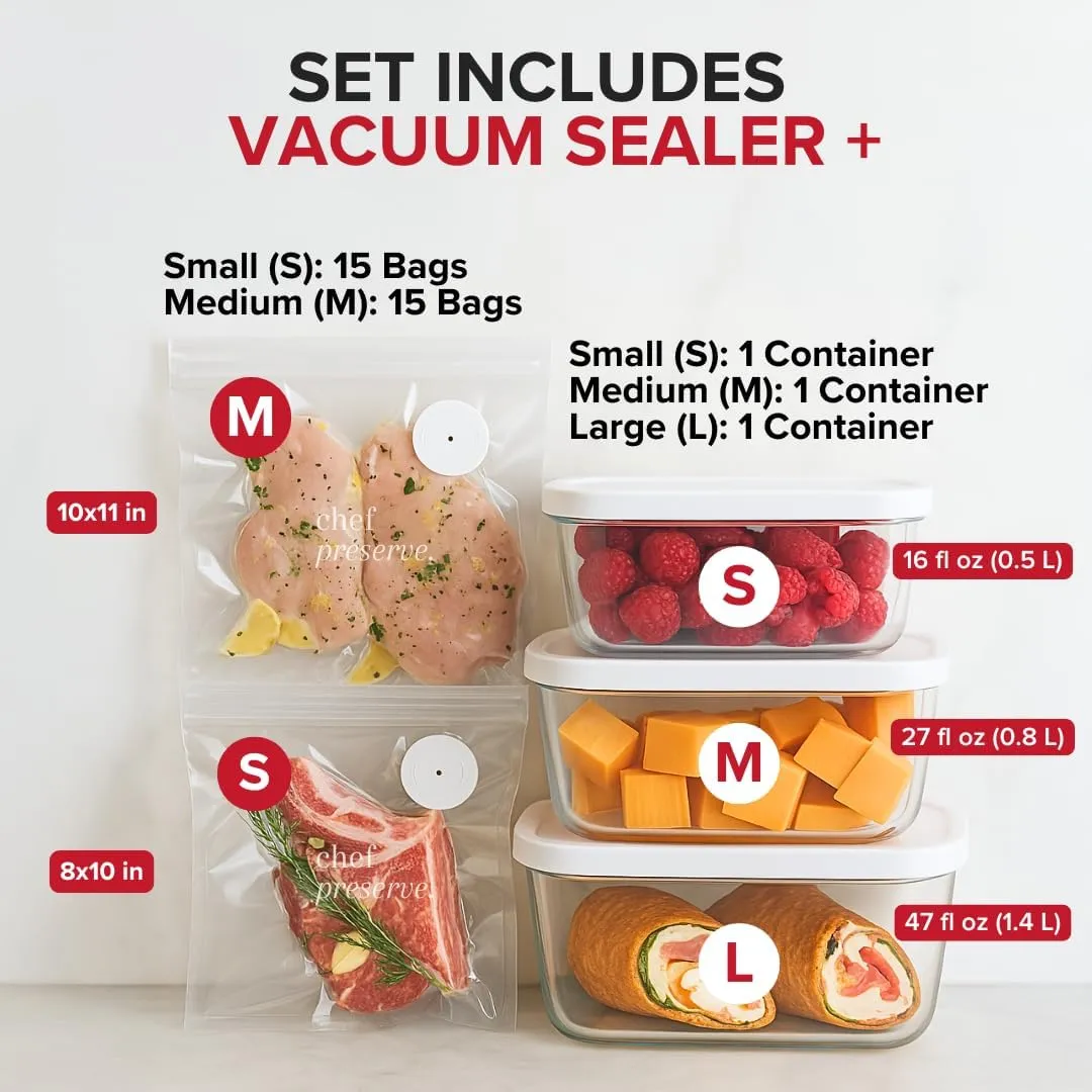 Compact Vacuum Sealer For Food (Vacuum Sealer Machine   3 Glass Vacuum Containers   30 Reusable Vacuum Bags) Powerful Handheld Vacuum Seal Machine, Seal Meal Saver, Portable Food Sealer