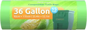 Compostable 36 gallon Trash Bags, Extra Thick 1.28 Mills, Compost 36 Gal Trash Bags (Kitchen Tall Garbage Bags), Compostable Lawn & Leaf Yard Waste bags,ASTM D6400,Bpi Certified