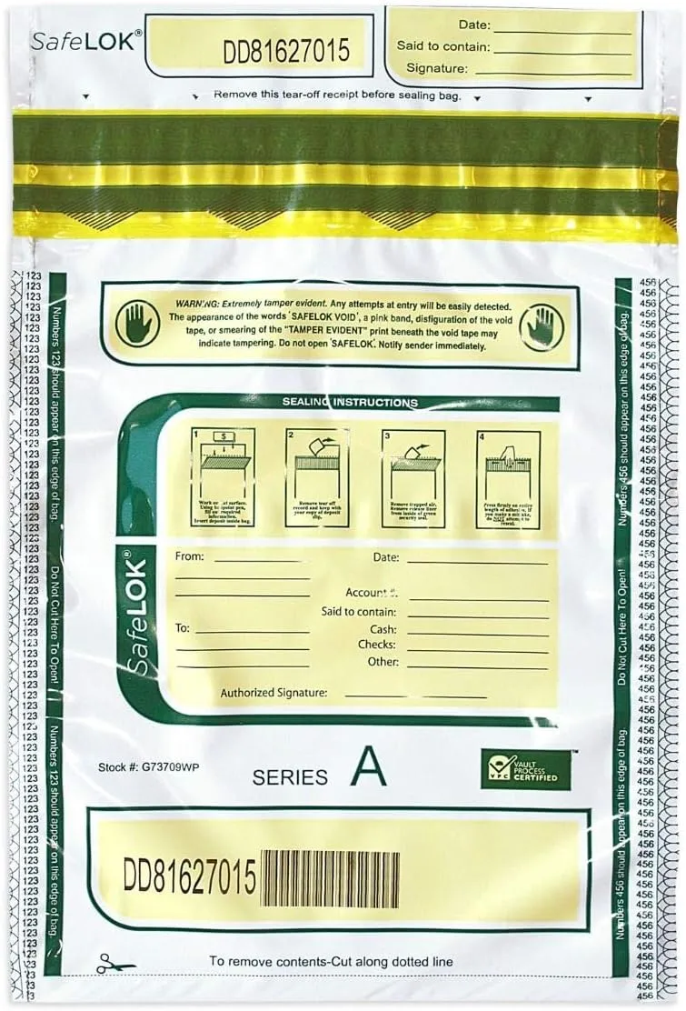 CONTROLTEK SafeLOK Tamper-Evident Seal Cash Deposit Bags - Money Bag With Unique Serial Number - Security Bank Bags With Deposit Slip Pocket 9" x 12" (White, 100 Count)