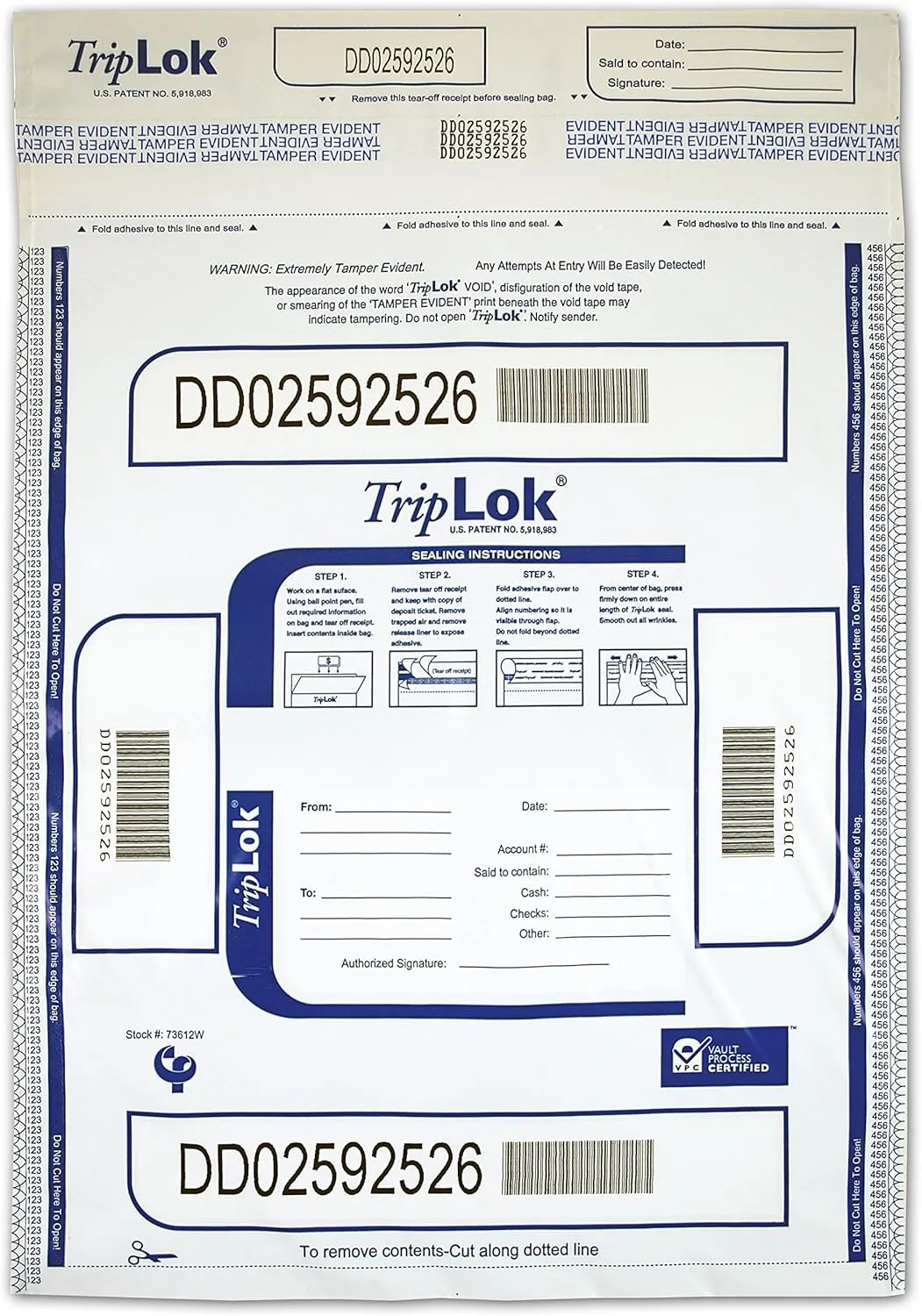 ControlTek TripLok 12" x 16", White, 100 Bags, Tamper-Evident Deposit Bags for Cash Handling & Valuables, Moisture, Heat and Cold Sensitive Ink, Tear-off receipt   Large Barcodes 585043