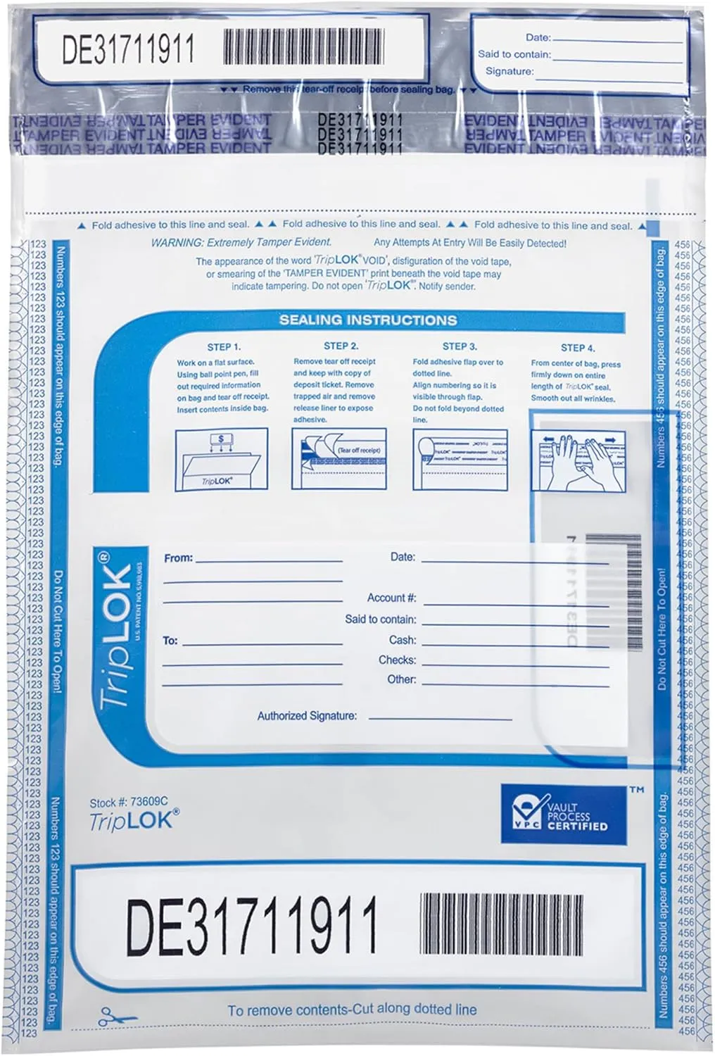 ControlTek TripLOK Tamper-Evident Deposit Bags for Cash Handling & Valuables, Moisture, Heat and Cold Sensitive Ink , Tear-off receipt   Large Barcodes, 9" x 12", Clear with Pocket, 50 Bags 585030