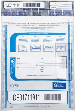 ControlTek TripLOK Tamper-Evident Deposit Bags for Cash Handling & Valuables, Moisture, Heat and Cold Sensitive Ink , Tear-off receipt   Large Barcodes, 9" x 12", Clear with Pocket, 50 Bags 585030