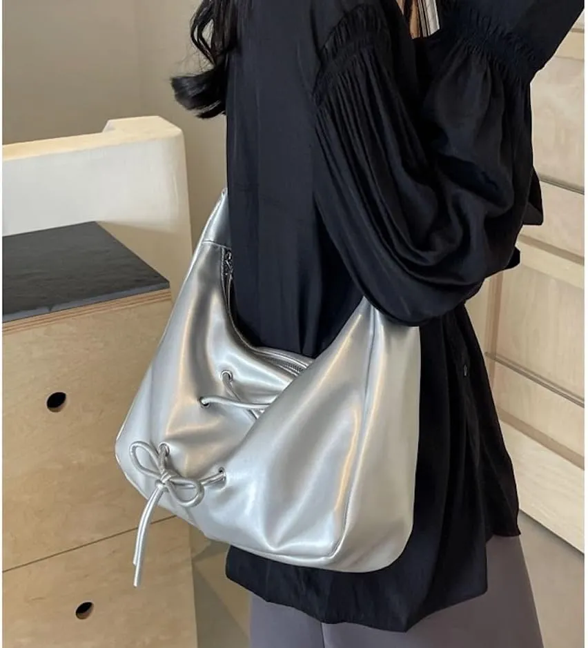 Coquette Crossbody Bag Women Bow Tie Pearl Luster Balletcore Shoulder Bag Soft Leather Adjustable Hobo Bag Tote Bags