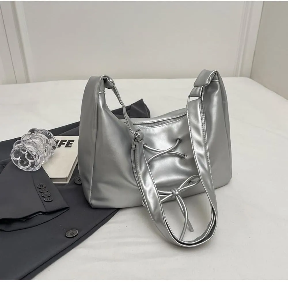 Coquette Crossbody Bag Women Bow Tie Pearl Luster Balletcore Shoulder Bag Soft Leather Adjustable Hobo Bag Tote Bags