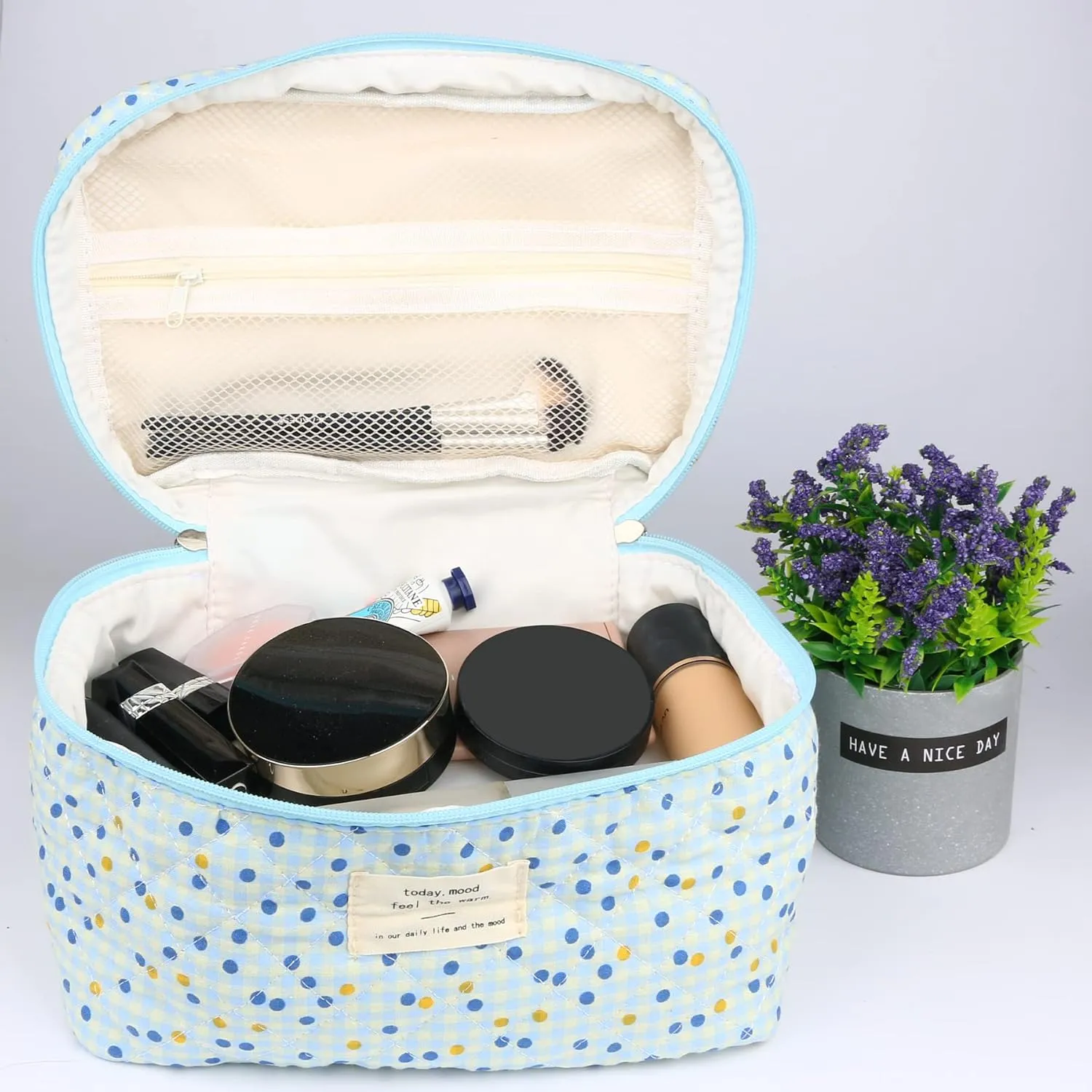 Cosmetic Bags for Women, Cute Floral Makeup Bag, Organizer Storage Make Up Bag, Travel Toiletry Bags, Handbags Purses(BlueDot/Big)