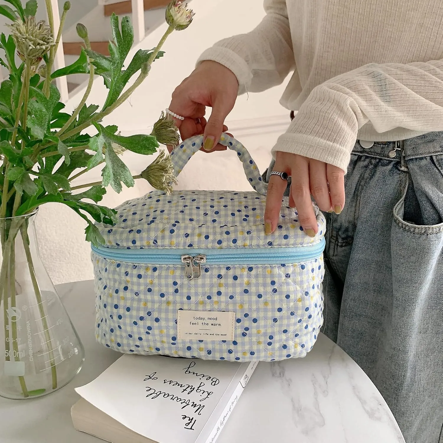 Cosmetic Bags for Women, Cute Floral Makeup Bag, Organizer Storage Make Up Bag, Travel Toiletry Bags, Handbags Purses(BlueDot/Big)