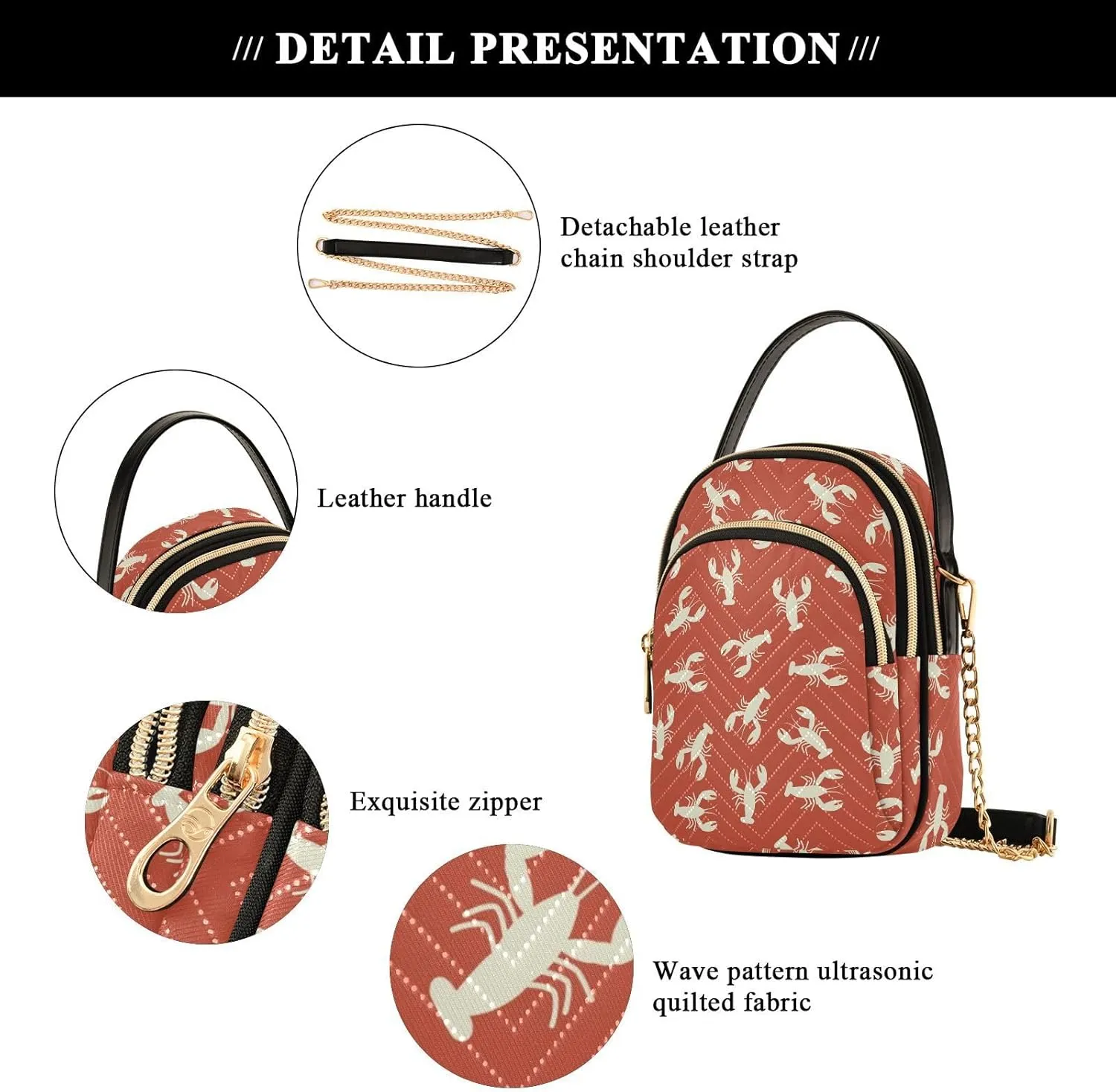 Crossbody Bags for Women Lobster Quilted Chain Crossbody Purses Trendy Blue Wave Cross Body Phone Purse Handbag