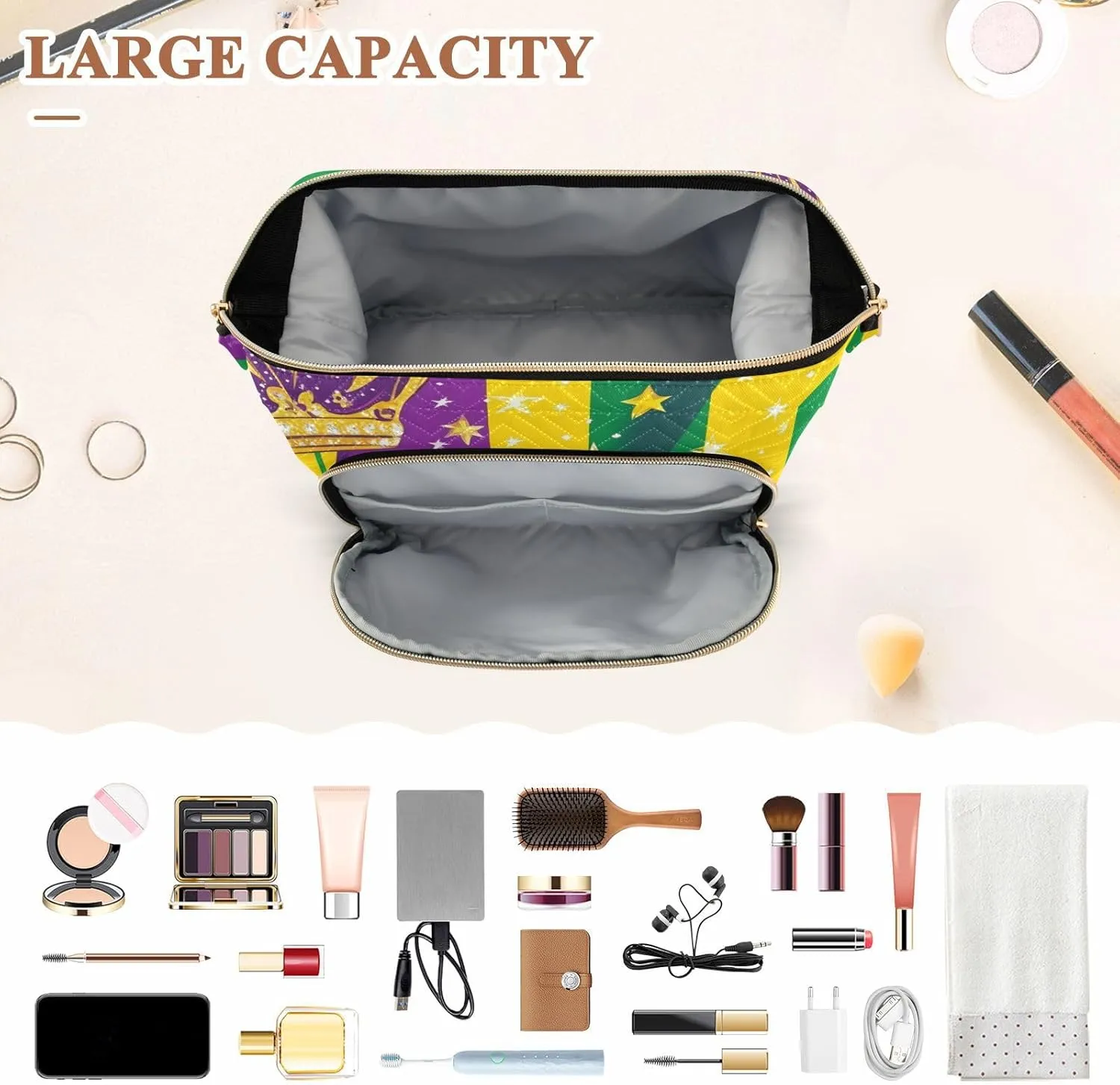 Crown and Star Pattern Makeup Bag Zipper Large Capacity Travel Cosmetic Bag Women's Coin Purse for Travel Kit